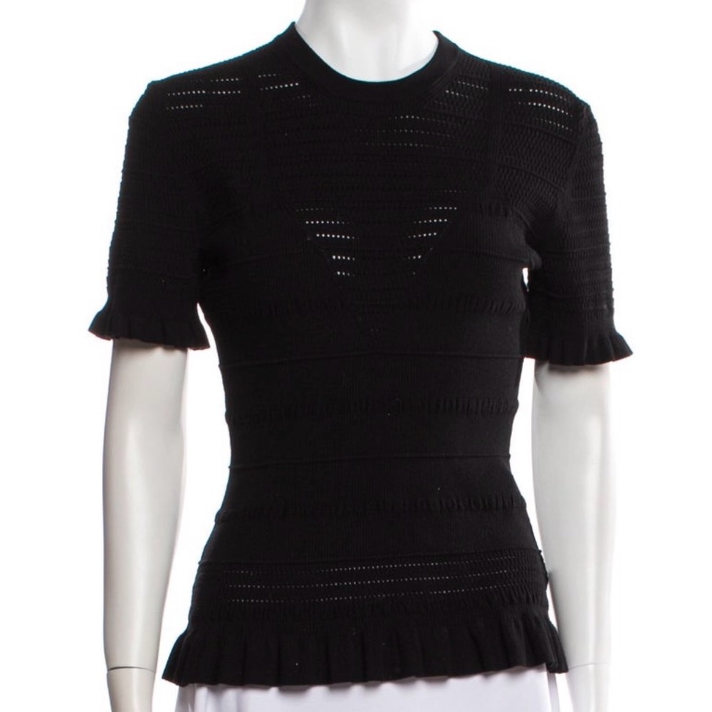Kenzo Paris Women’s Black Eyelet Stretch Knit Ruffle Hem Sweater Size L